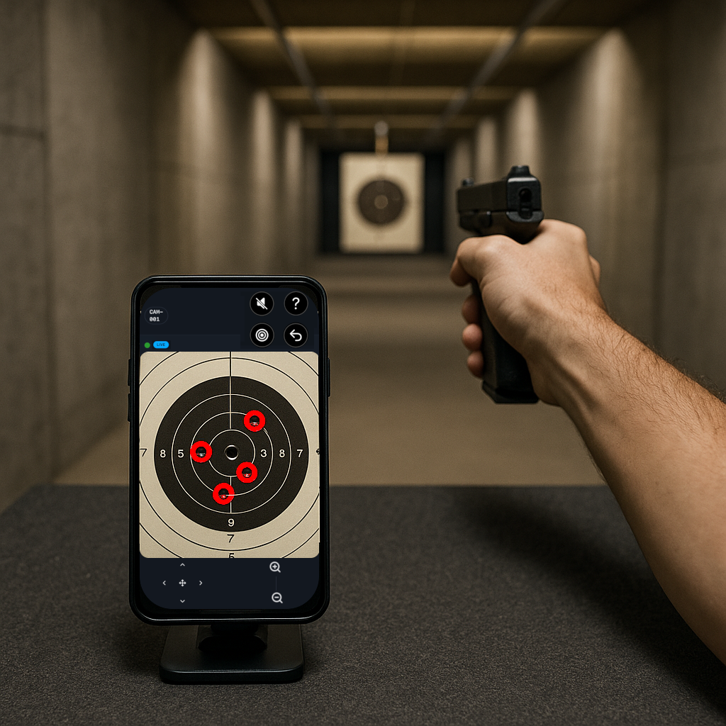 Range PRO - AI-powered target shooting camera system showing smartphone with live target view and hand holding pistol